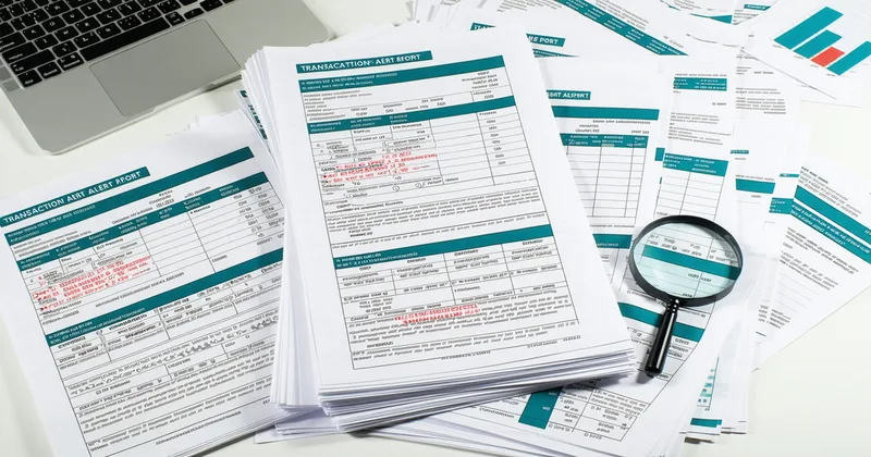 Stack of printed compliance alerts representing the false positive problem in AML monitoring