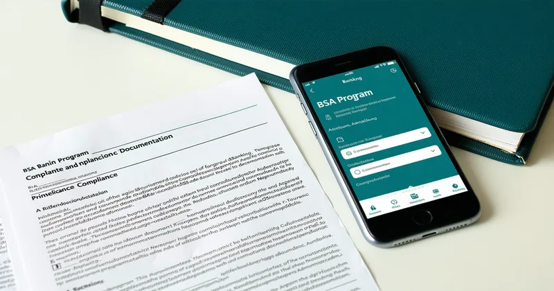 Digital banking app screen alongside printed BSA compliance documents
