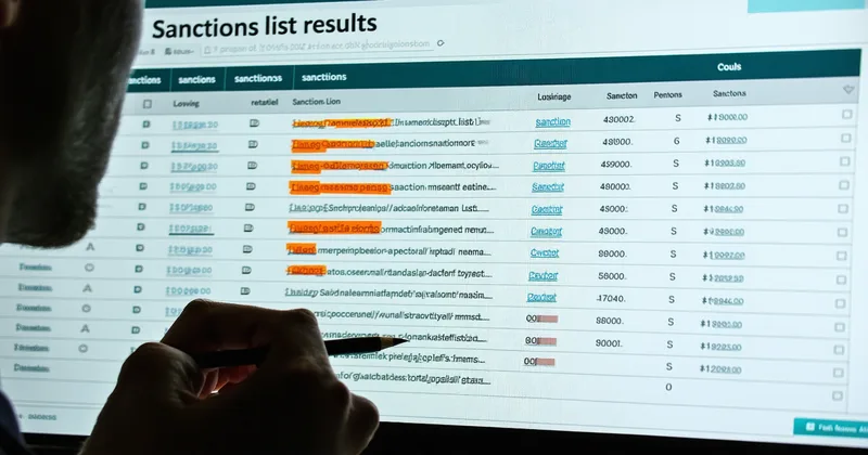 OFAC sanctions list review process showing a compliance analyst reviewing flagged entries