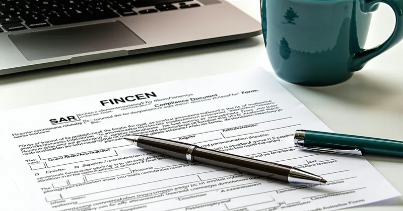 FinCEN SAR form partially filled with compliance narrative text being reviewed