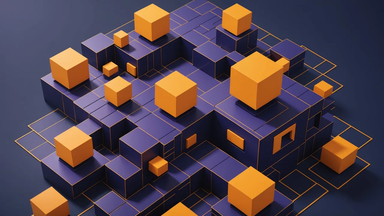 Abstract program building visualization showing compliance infrastructure assembling from modular blocks