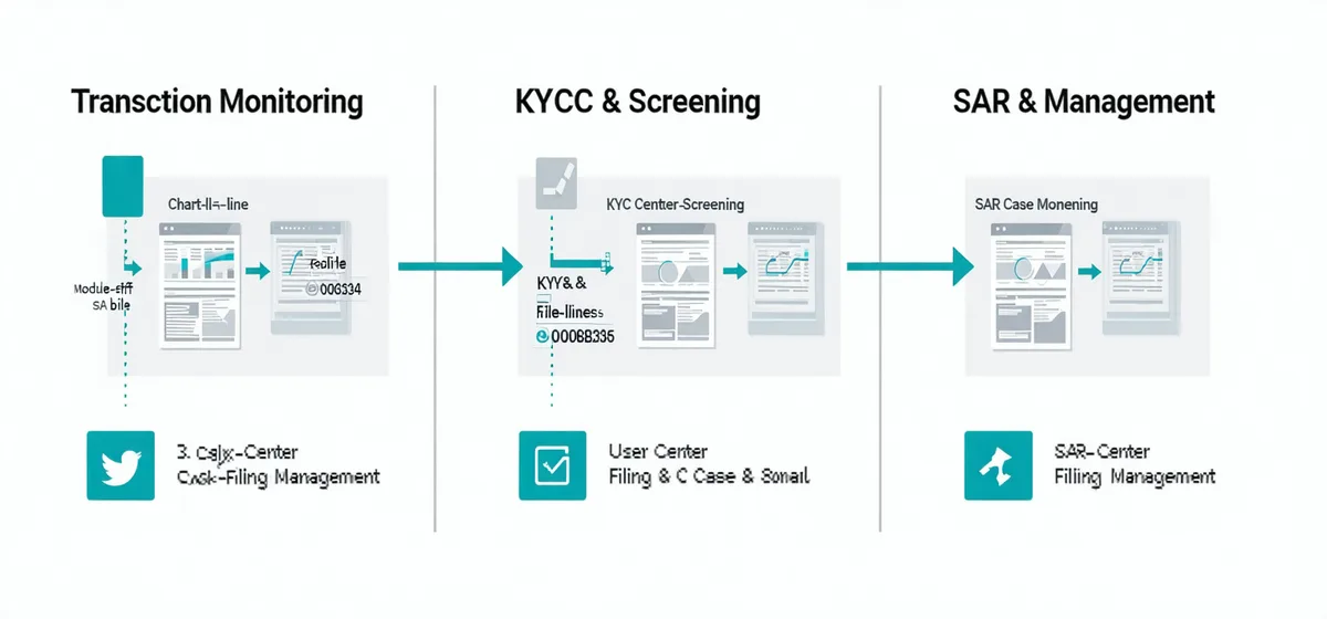Platform architecture showing Transaction Monitoring, KYC and Screening, and SAR Filing modules connected by data flows