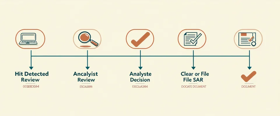 OFAC sanctions hit review workflow: Hit detected, Analyst review, Escalation decision, Clear or File SAR